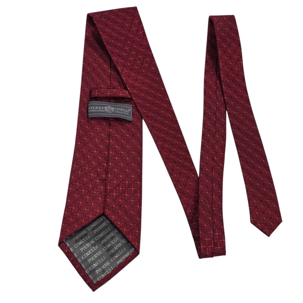 PIERRE CINELLI Silk Blend Necktie Burgundy Plaid Hand Made Mens Tie